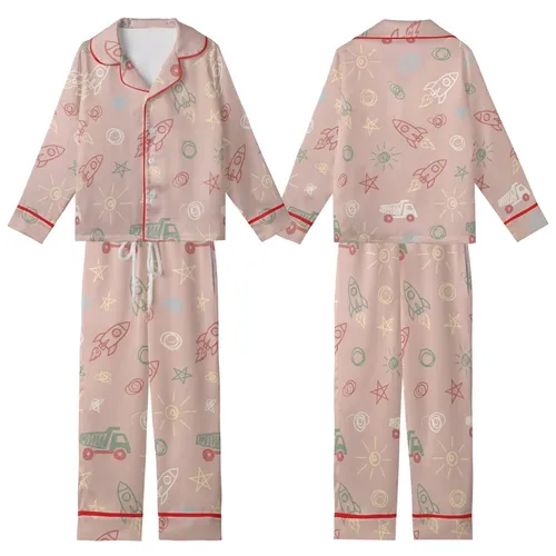 Little One's Whimsical Chalk Drawing Pajamas: Rocket Star Truck Design - Champagne Blush Satin Sleep Set Kid Satin Pajamas Set