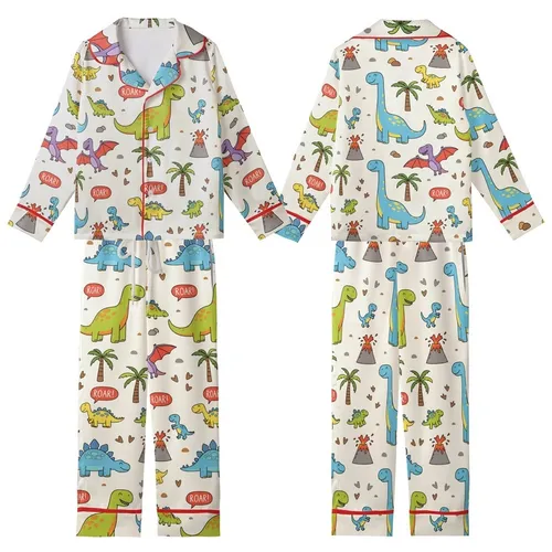 Dinosaur Lovers' Cheerful Cartoon Roar Pattern Bright T-Rex Stegosaurus Brachiosaurus Flat Art Illustration Kid Satin Pajamas Set