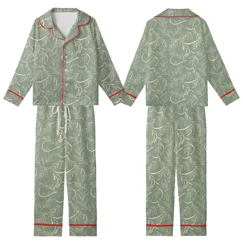 Bridesmaid & Bridal Party Satin Pajama Set: Golden Olive Branch Script on Sage Green Kid Satin Pajamas Set