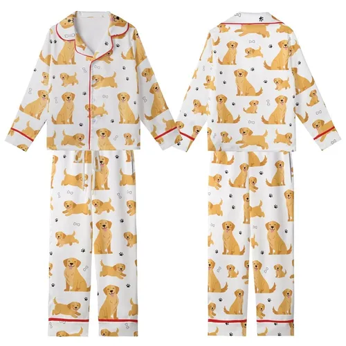 Golden Retriever Dog Lover's Cheerful Puppy & Adult Vector Pattern Soft Sleepwear Ensemble Kid Satin Pajamas Set