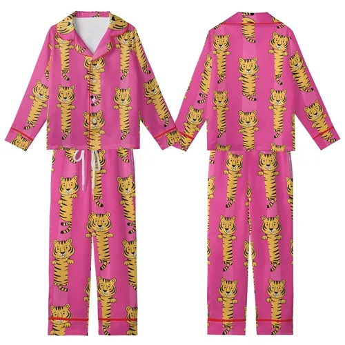 Indian Cotton Women's Fuchsia Pink Hand Block Print Tiger Stripe Pajamas Set Kid Satin Pajamas Set