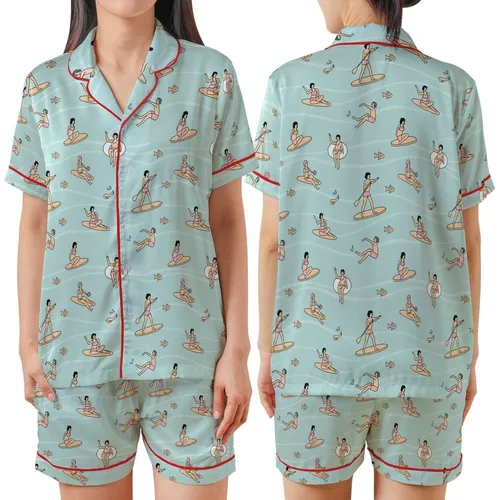 Women's Flat Illustrative Aqua Ocean Surfer Satin 2-Piece Sleep Set Satin Short-Sleeve Pajamas Set