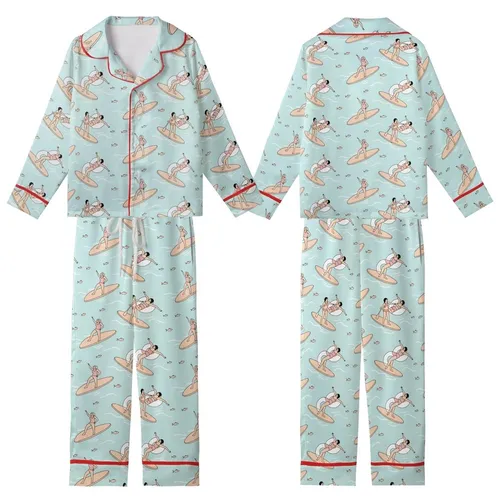 Women's Flat Illustrative Aqua Ocean Surfer Satin 2-Piece Sleep Set Kid Satin Pajamas Set