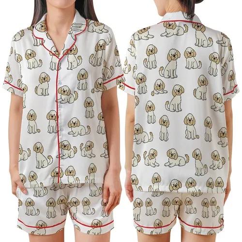 Women's Goldendoodle Labradoodle Pajamas: Playful Beige Doodle Dog Print - Soft Polycotton Shorts Set Satin Short-Sleeve Pajamas Set