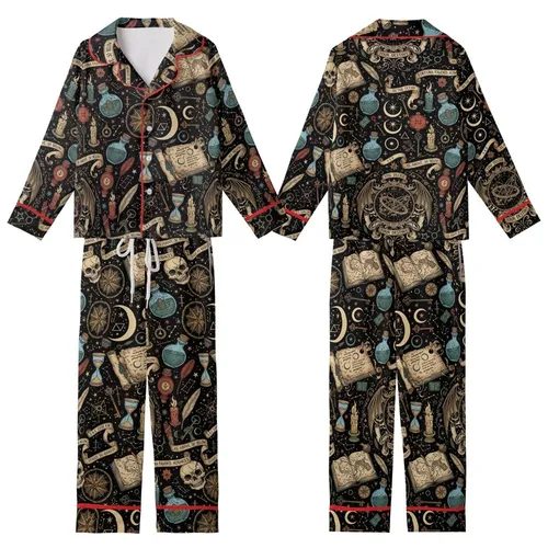 Mystical Art Lovers' Dark Academia Grimoire Celestial Astrolabe Bat Wing Aged Gold Parchment Tan Arcane Pattern Kid Satin Pajamas Set