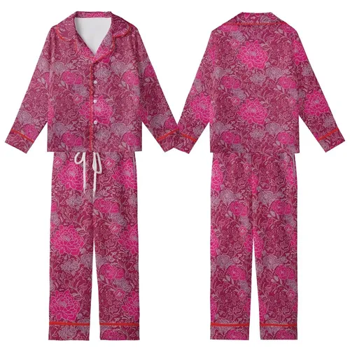 Women's Hand Block Print Fuchsia Floral Peony Rose Cotton Loungewear Set - Indian Inspired Design Kid Satin Pajamas Set