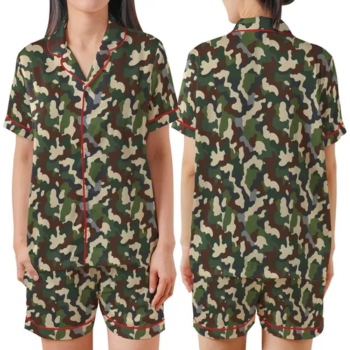 Adult Flannel Pajama Pants: Abstract Organic Camouflage Design with Deep Pockets Satin Short-Sleeve Pajamas Set
