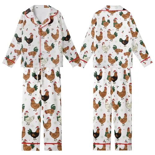 Christmas Enthusiasts' Whimsical Chicken Rooster Red Green Holly Berry Holiday Print Kid Satin Pajamas Set