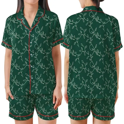Women's Satin Button-Up Emerald Botanical Pajamas Set - Long Sleeve Sleepwear Satin Short-Sleeve Pajamas Set