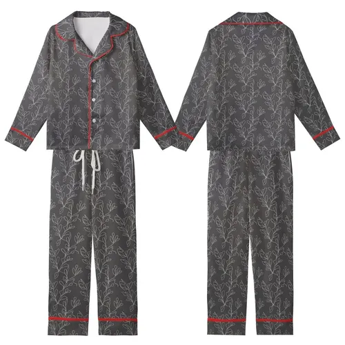Women's Organic French Linen: Charcoal Abstract Botanical Print - Relaxed Fit Lounge Set Kid Satin Pajamas Set