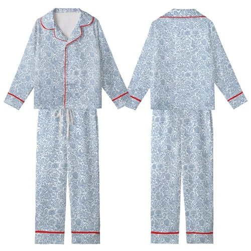 Women's Artisan Cotton Loungewear: Hand Block Print Blue Floral Indian Motif Set Kid Satin Pajamas Set