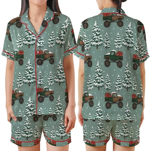Christmas Fans' Muted Teal Rustic Illustrative Monster Truck Snowy Pine Tree Pattern Satin Short-Sleeve Pajamas Set