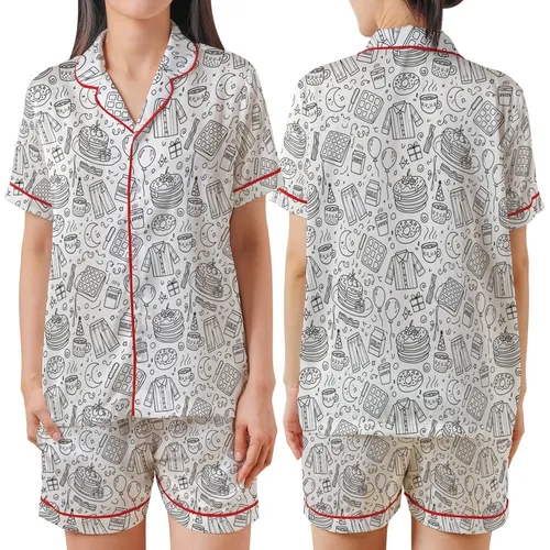 Breakfast Lovers' Whimsical Black Outline Coloring Book Doodle Breakfast & Birthday Party Pattern Satin Short-Sleeve Pajamas Set