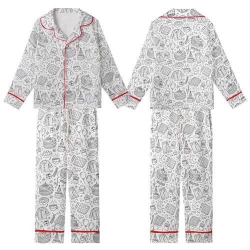Breakfast Lovers' Whimsical Black Outline Coloring Book Doodle Breakfast & Birthday Party Pattern Kid Satin Pajamas Set