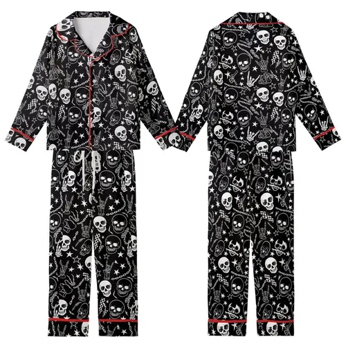 Alt Style Enthusiasts' Black White Illustrative Skull Skeleton Hands Rock Gesture Grunge Pattern Kid Satin Pajamas Set