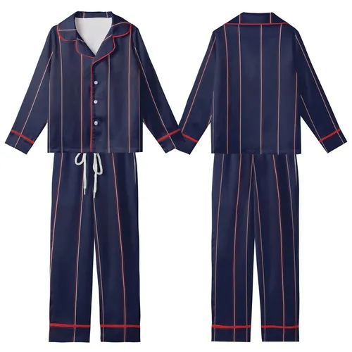 Modern Aesthetic Lover's Geometric Deep Navy Wide Vertical Stripes with Red-Maroon White Pinstripes Kid Satin Pajamas Set