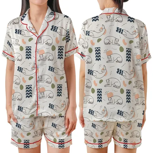 Whippet Lovers' Modern Illustrative Charcoal Whippet Outlines, Slate Blue Zig-Zag & Peach Accents Satin Short-Sleeve Pajamas Set