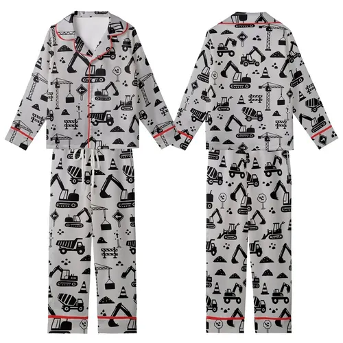 Construction Lover: Dynamic Black Heavy Machinery Pattern - Light Grey Flat Design Motif Kid Satin Pajamas Set