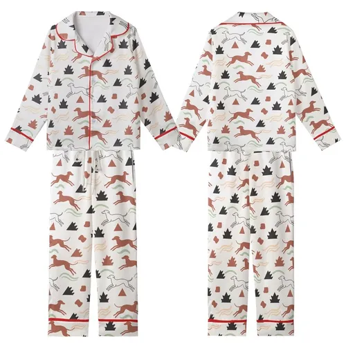 Dog Lovers' Whimsical Whippet Geometric Dino Spike Muted Red-Brown Espresso Pattern Kid Satin Pajamas Set