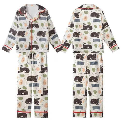 Whippet Lovers' Modern Illustrative Charcoal Whippet Outlines, Slate Blue Zig-Zag & Peach Accents Kid Satin Pajamas Set
