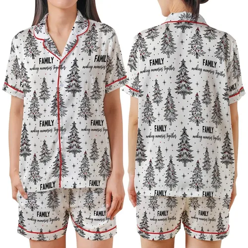 Family Christmas: Hand-Sketched Rustic Tree Pattern – Vintage Pen & Ink Wearable Art Satin Short-Sleeve Pajamas Set