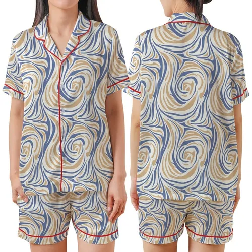 Modern Explorer: Tranquil Abstract Fluid Lines Pattern – Dusty Indigo Beige Wearable Art Print Satin Short-Sleeve Pajamas Set