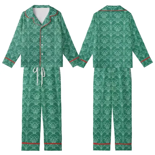 Women's Emerald Velvet Kimono Style Art Deco Geometric Teal Pattern Loungewear Sleep Set Kid Satin Pajamas Set