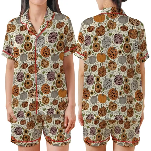 Women's Fall Mom Teacher Wild About Fall Leopard Pumpkin Sunflower Cozy Knit Satin Short-Sleeve Pajamas Set