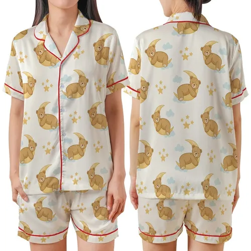 Cozy Dreamers' Creamy Golden Tan Sleeping Teddy Bear Crescent Moon Star Pattern Satin Short-Sleeve Pajamas Set