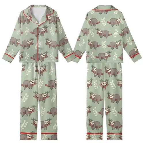 Adult Personalized Sloth Pajama: Funny Cartoon Sage Green Leaf Print Loungewear Kid Satin Pajamas Set