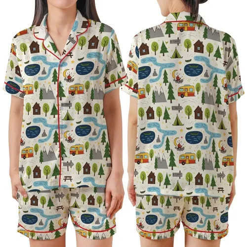 Outdoor Enthusiasts' Whimsical Forest Camping Pattern: Green Pines, Cabins, Campfires, RVs & Mountains on Creamy Off-White Satin Short-Sleeve Pajamas Set