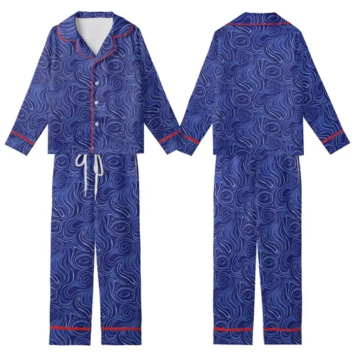 Ladies' Royal Blue Velvet Pajamas: Cobalt Organic Flowing Pattern Long Jacket Set Kid Satin Pajamas Set