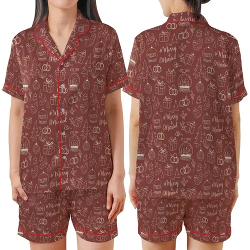 Newlyweds' Whimsical Hand-Drawn Merry & Married Christmas & Wedding Pattern on Muted Brick Red Satin Short-Sleeve Pajamas Set
