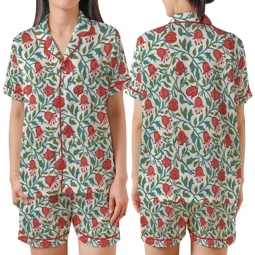 Women's Hand Block Printed Coral Red Bellflower Teal Leaf Pure Cotton Sleepwear Set Satin Short-Sleeve Pajamas Set
