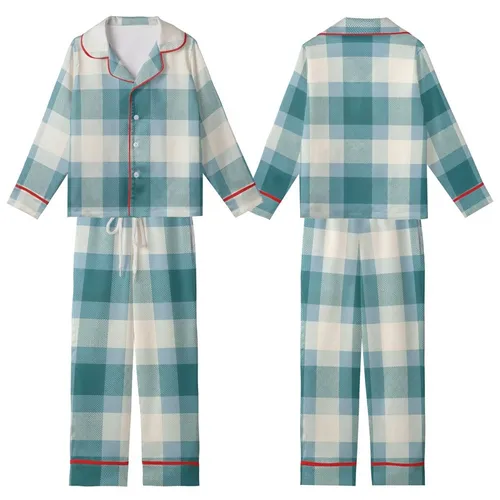 Cozy Style Enthusiasts Muted Sky Blue Buffalo Check and Gingham Plaid Pattern with Teal and Creamy Off-White Kid Satin Pajamas Set