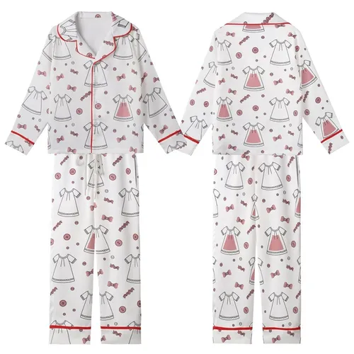 Girls' Playful Line Art Pajama Set: Minimalist Bow & Button Dusty Pink Nightwear Motif Kid Satin Pajamas Set