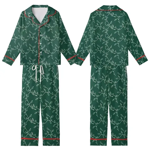 Women's Satin Button-Up Emerald Botanical Pajamas Set - Long Sleeve Sleepwear Kid Satin Pajamas Set