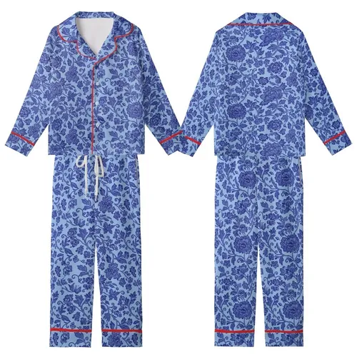 Women's Vintage Chinoiserie Indigo Cobalt Blue Peony Vine Floral Tapestry Kid Satin Pajamas Set