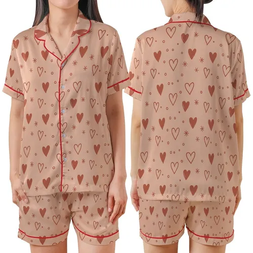 Women's Muted Peach Pink Hearts & Stars Terracotta Print Classic Collar Pajama Set Satin Short-Sleeve Pajamas Set