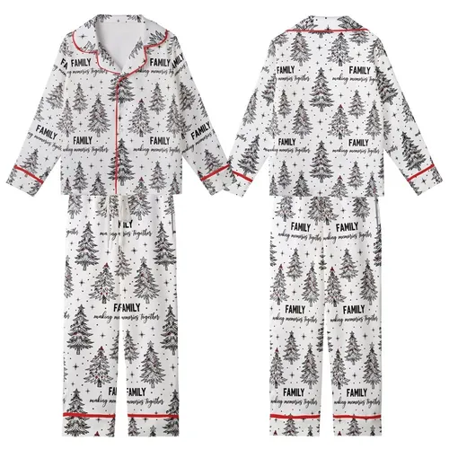 Family Christmas: Hand-Sketched Rustic Tree Pattern – Vintage Pen & Ink Wearable Art Kid Satin Pajamas Set