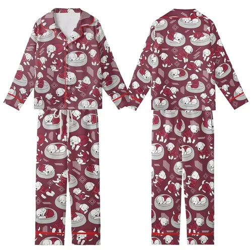 Dogs & Cats Ruby Red Satin Pajamas: Cozy Fluffy Puppy Vector Art Sleep Set Kid Satin Pajamas Set