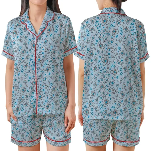 Nature Lovers' Powder Blue Delicate Floral Vine Chocolate Brown Cyan Botanical Pattern Satin Short-Sleeve Pajamas Set