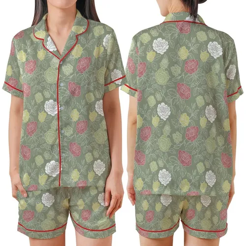 Bridesmaid & Bridal Party Personalized Sage Green Rose Print Satin Long Sleeve Pants Pajamas Set Satin Short-Sleeve Pajamas Set