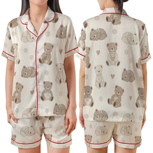 Cozy Dreamer's Fuzzy Teddy Bear Pajamas: Hand-Drawn Crochet Style Pattern - Sleep Set Satin Short-Sleeve Pajamas Set