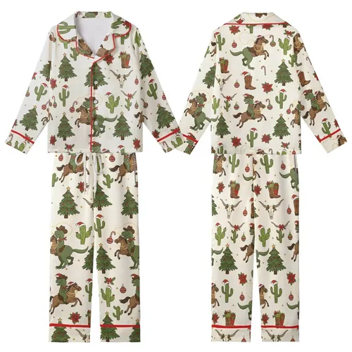 Dinosaur Lover: Playful Cowboy T-Rex Christmas - Cactus, Poinsettia & Candy Cane Pattern Kid Satin Pajamas Set