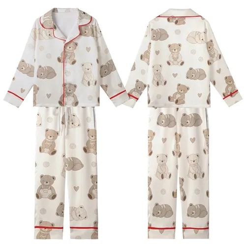 Cozy Dreamer's Fuzzy Teddy Bear Pajamas: Hand-Drawn Crochet Style Pattern - Sleep Set Kid Satin Pajamas Set