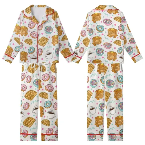 Pancakes & Pajamas Whimsical Golden Breakfast Food & Aqua Pink Confetti Pattern Sleep Set Kid Satin Pajamas Set