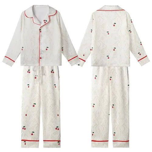 Cozy Loungers' Intricate Cream Cable Knit & Scattered Red Cherry Print Fleece Sleep Set Kid Satin Pajamas Set