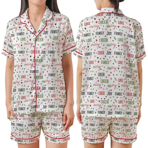 Holiday Enthusiasts' Festive Script Bold Serif Words Minimalist Icons Red Green Black White Pattern Satin Short-Sleeve Pajamas Set