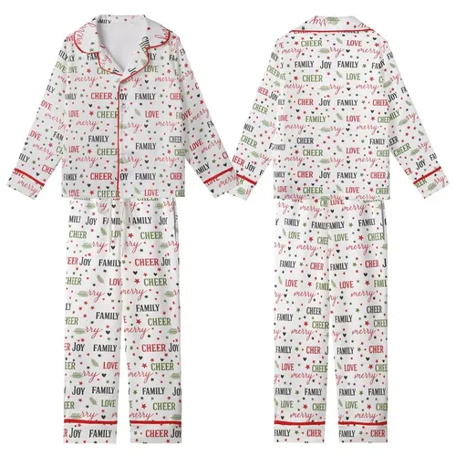 Holiday Enthusiasts' Festive Script Bold Serif Words Minimalist Icons Red Green Black White Pattern Kid Satin Pajamas Set